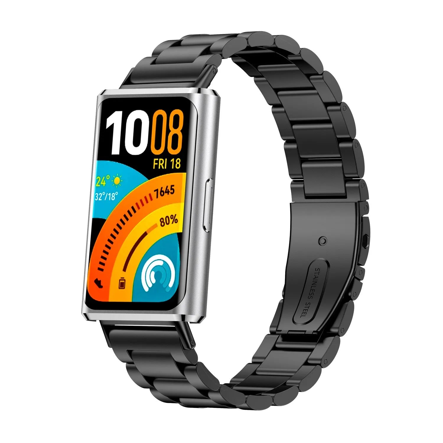 Steel Strap, black, on a watch, 3/4 front view