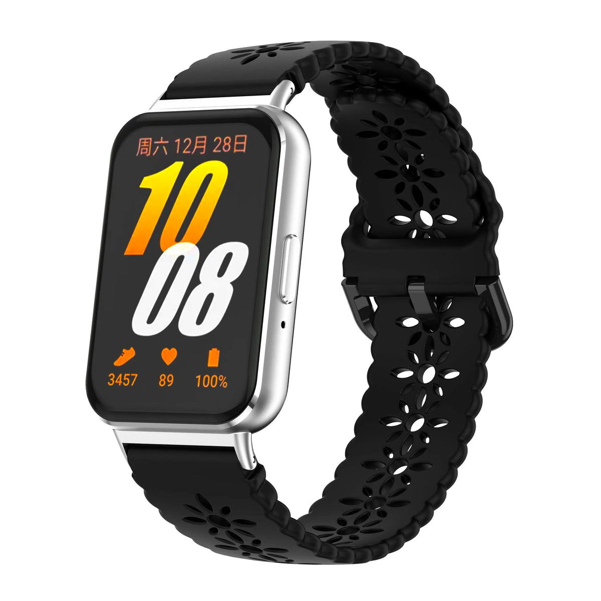 Patterned Silicone Strap, black, on a watch, 3/4 front view