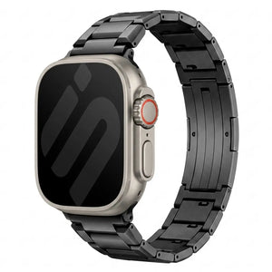 Refined Titanium Strap, black, on a watch, 3/4 front view