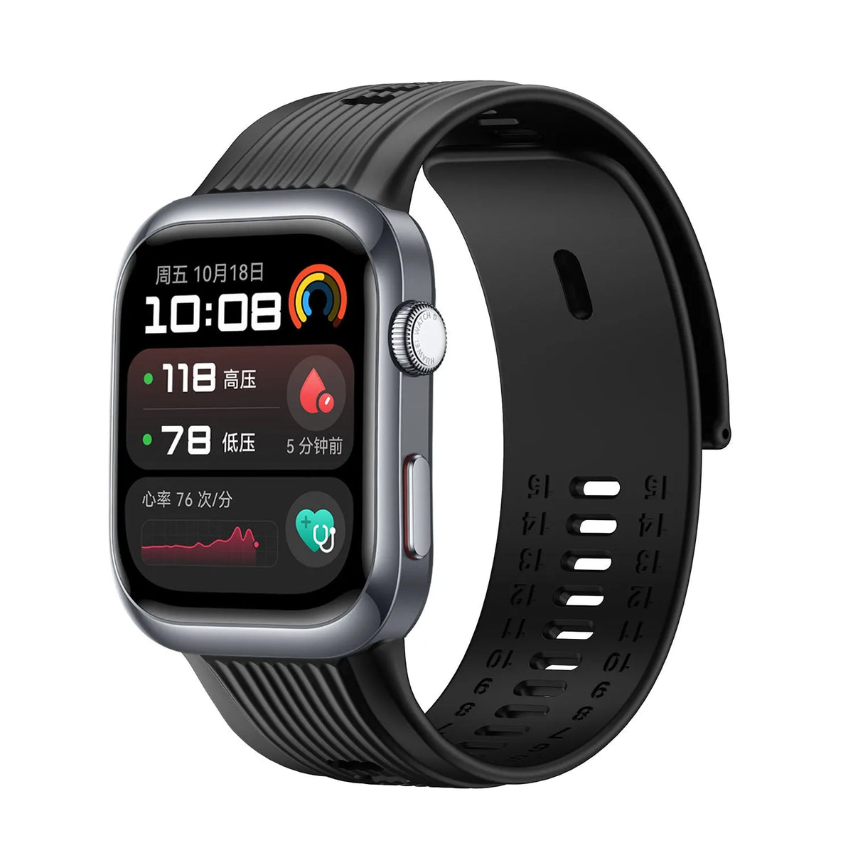 Silicone Strap, black, on a watch, 3/4 front view