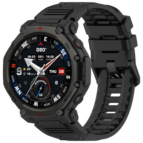Silicone Strap, black, on a watch, 3/4 front view