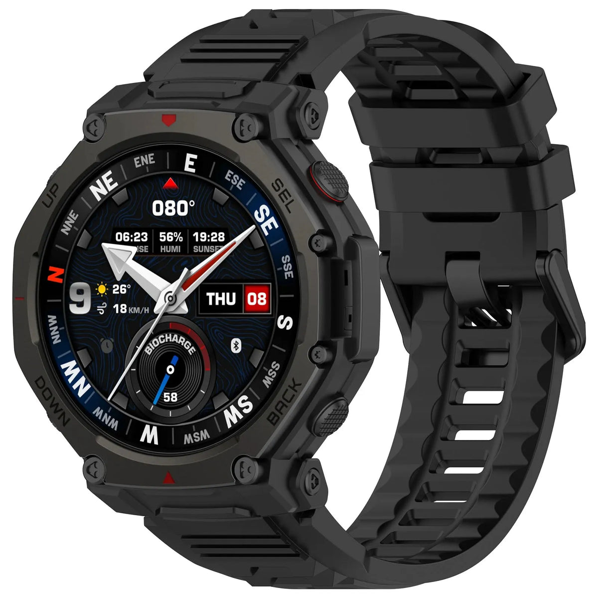 Silicone Strap, black, on a watch, 3/4 front view