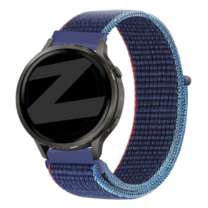 Nylon Loop Strap, blue mix, on a watch, 3/4 front view