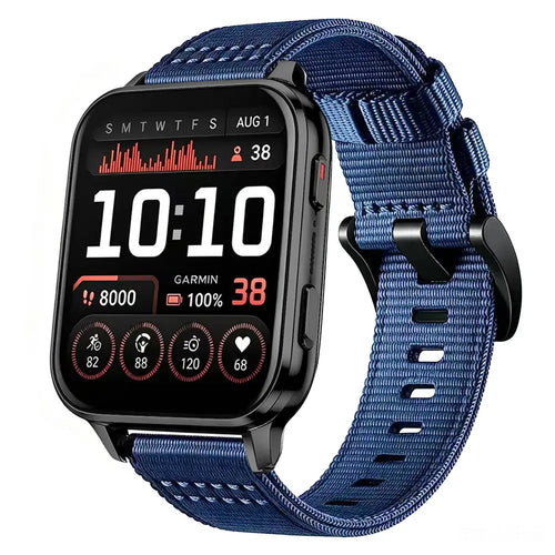 Nylon Buckle Strap, blue, on a watch, 3/4 front view