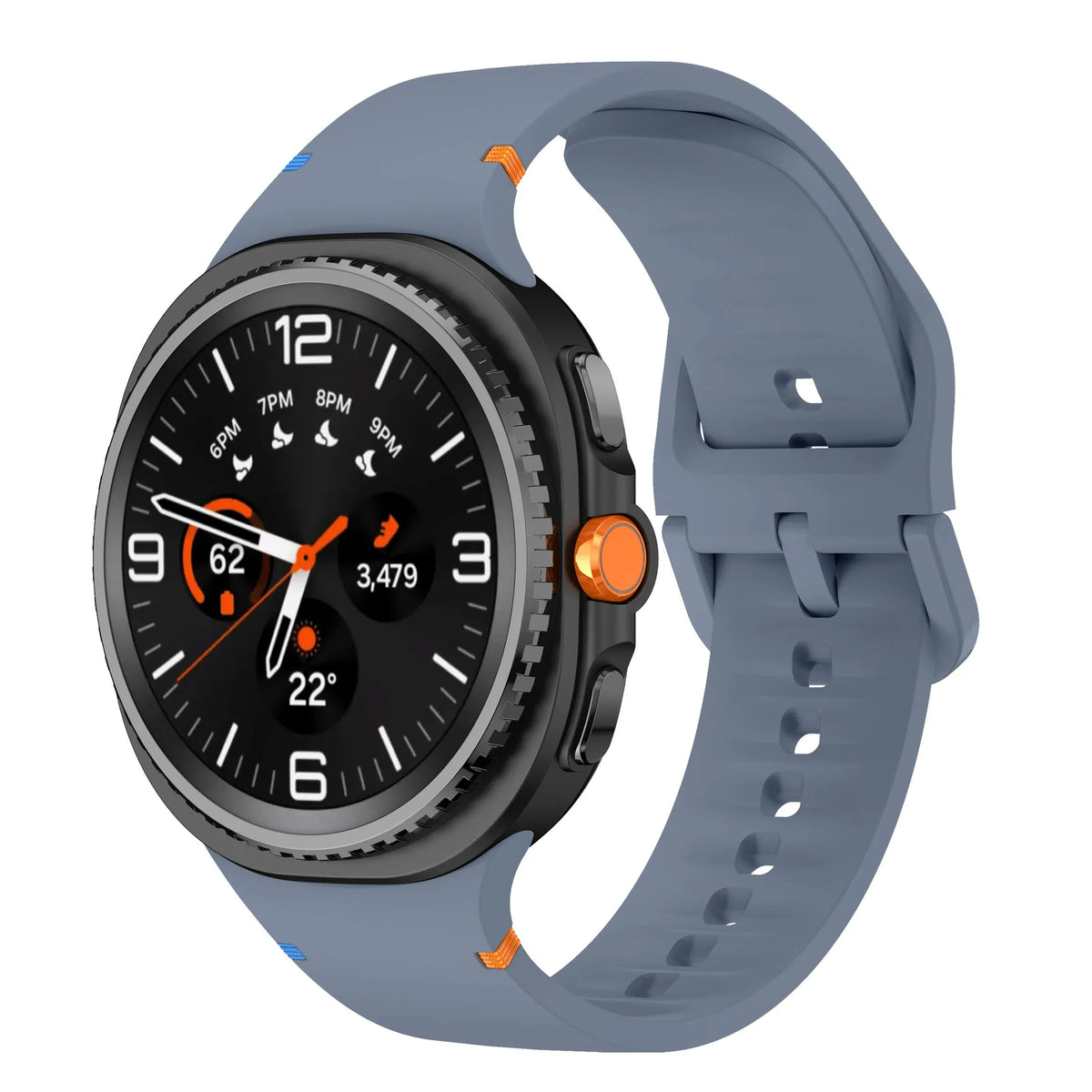 Silicone Strap, grey-blue, on a watch, 3/4 front view