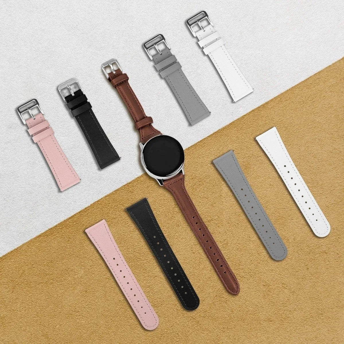 Modern Leather Strap, black, on a watch, 3/4 front view