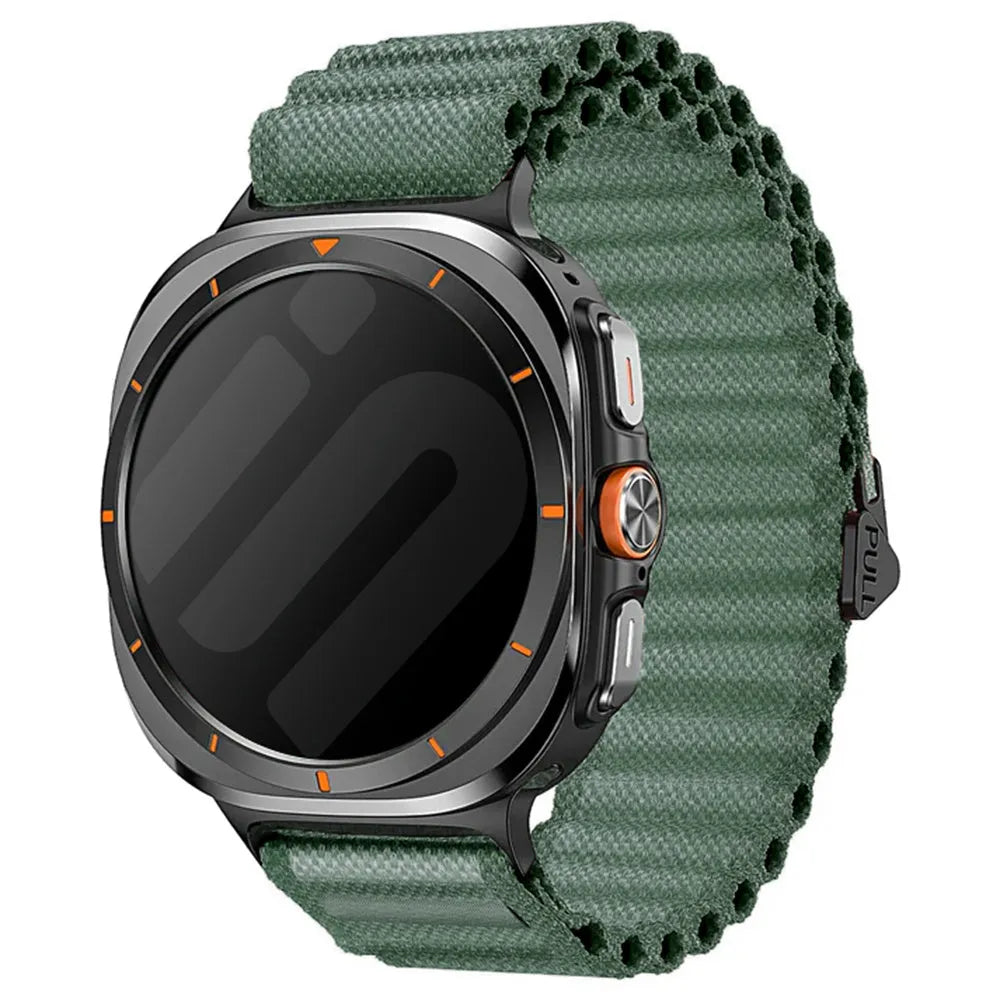Outdoor Nylon Strap, dark green, on a watch, 3/4 front view