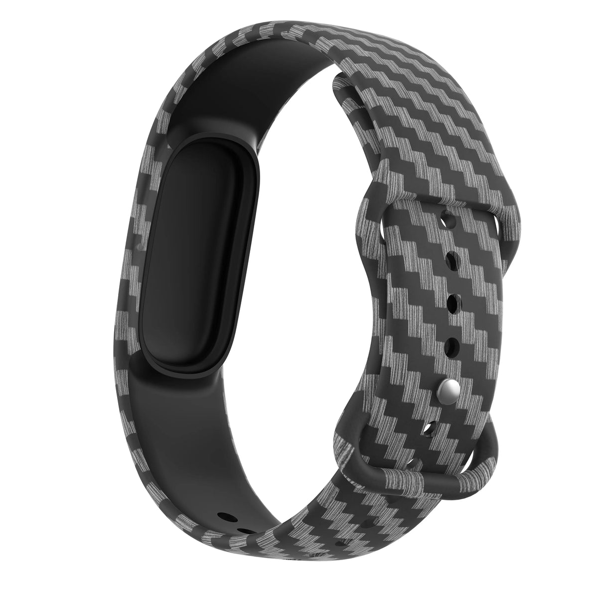 Silicone Patterned Strap, carbon fibre, on a watch, 3/4 front view