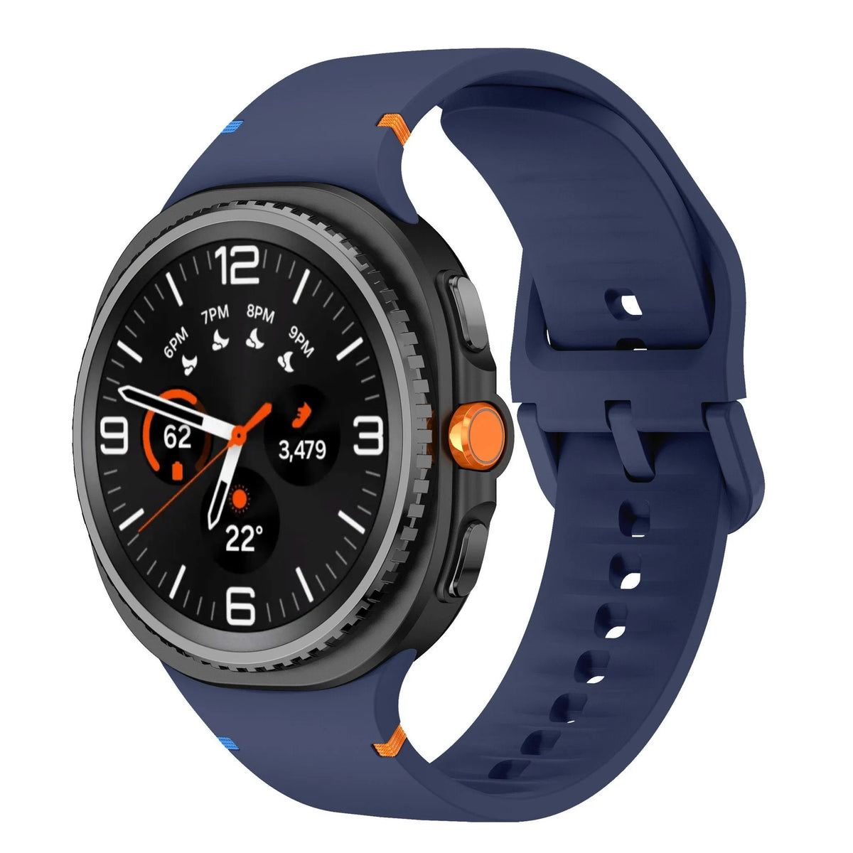 Silicone Strap, dark blue, on a watch, 3/4 front view