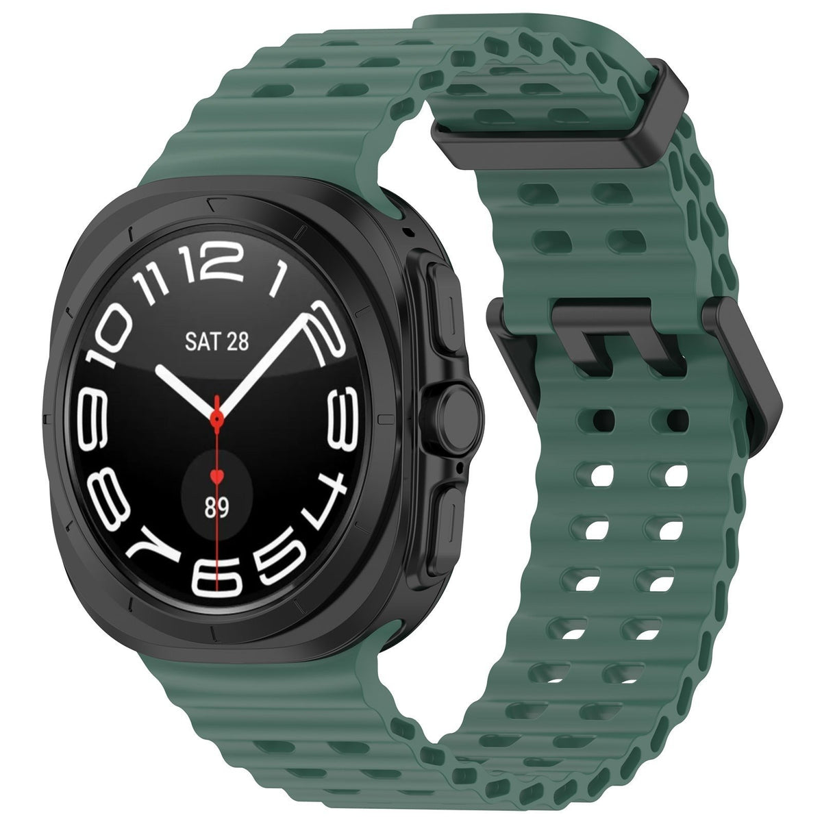 Silicone Ocean Strap, dark green, on a watch, 3/4 front view