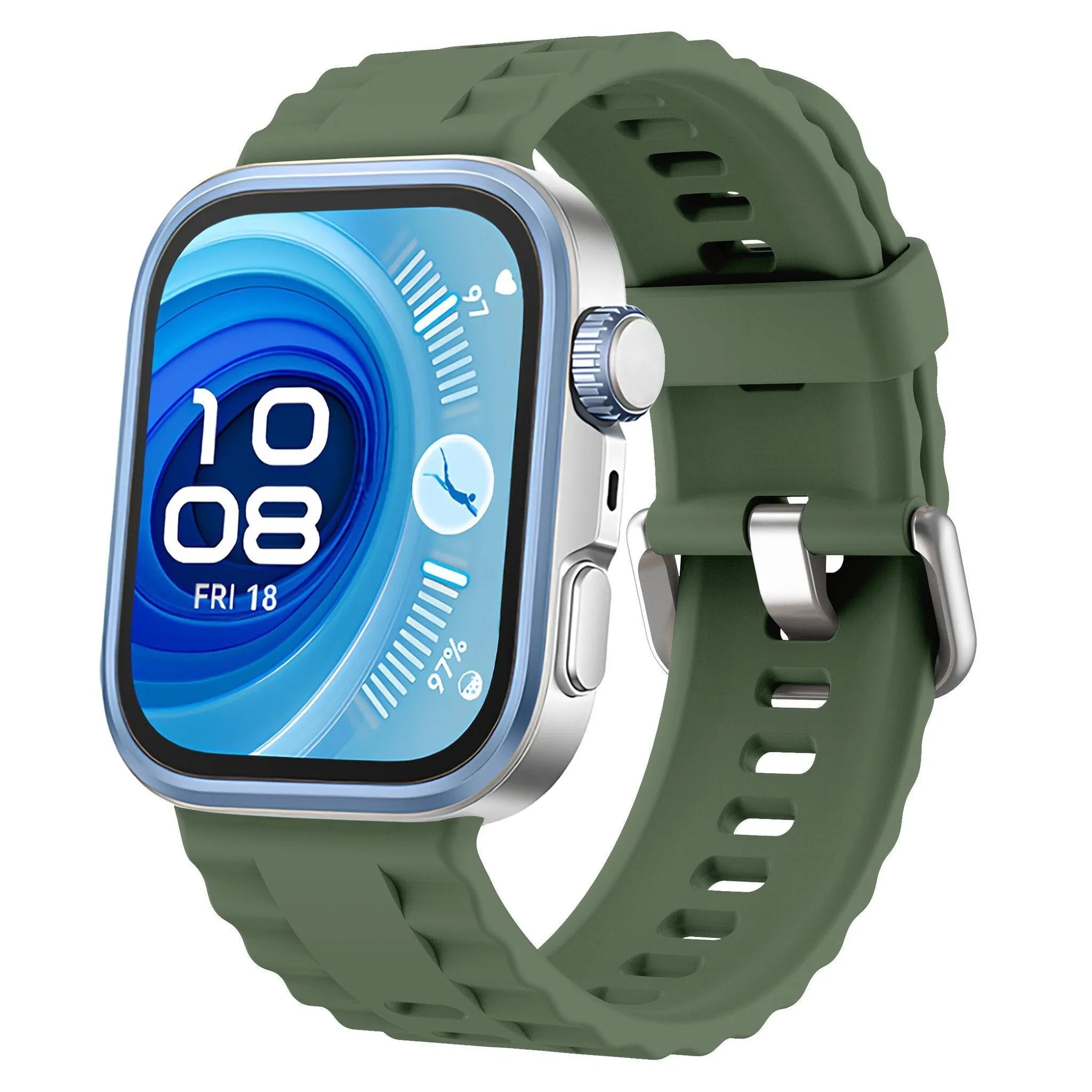Silicone Classic Strap, dark green, on a watch, 3/4 front view