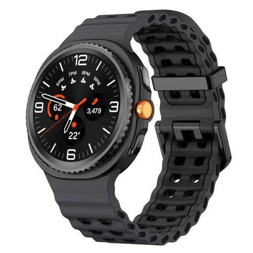 Silicone Ocean Strap, dark grey/black, on a watch, 3/4 front view