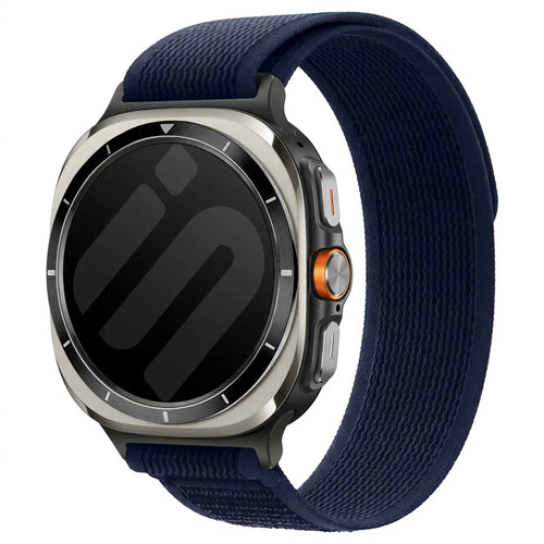 Trail Nylon Strap, dark blue, on a watch, 3/4 front view