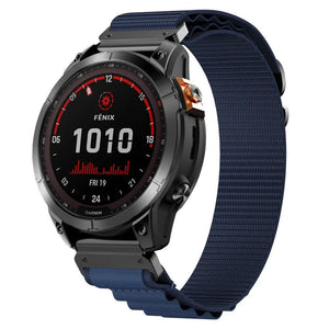 Alpine Nylon Strap, dark blue, on a watch, 3/4 front view