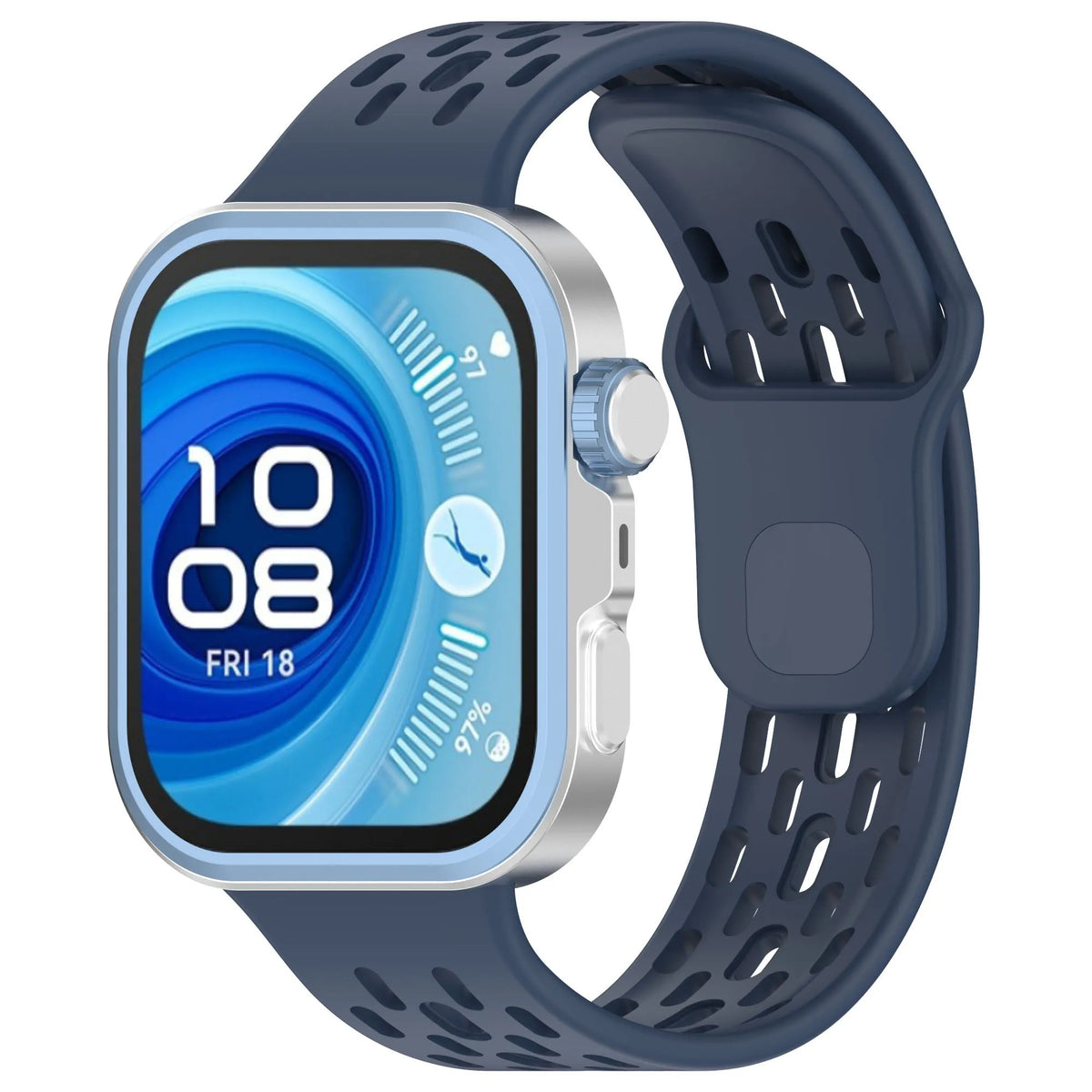 Silicone Air Strap, dark blue, on a watch, 3/4 front view