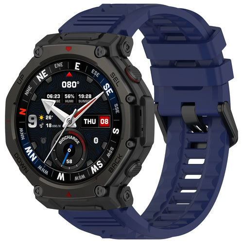Silicone Strap, dark blue, on a watch, 3/4 front view