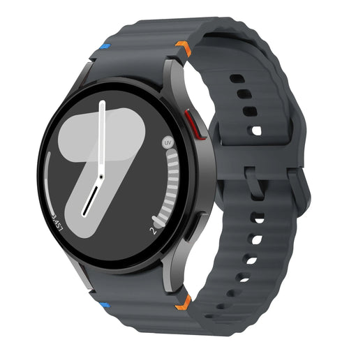 Wave Silicone Strap, graphite, on a watch, 3/4 front view