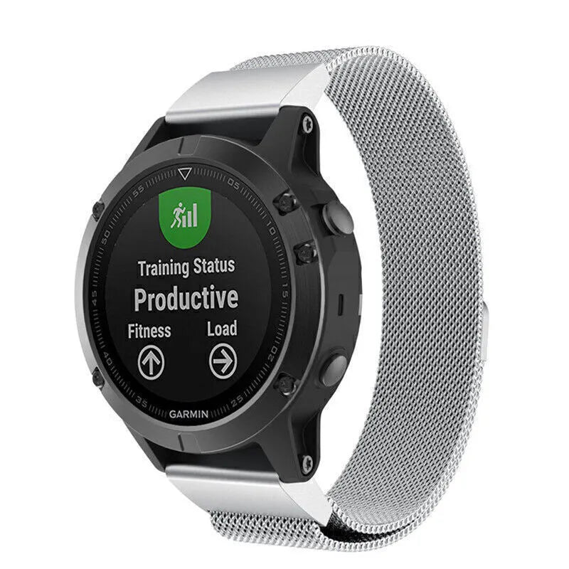 Milanese Strap, silver, on a watch, 3/4 front view