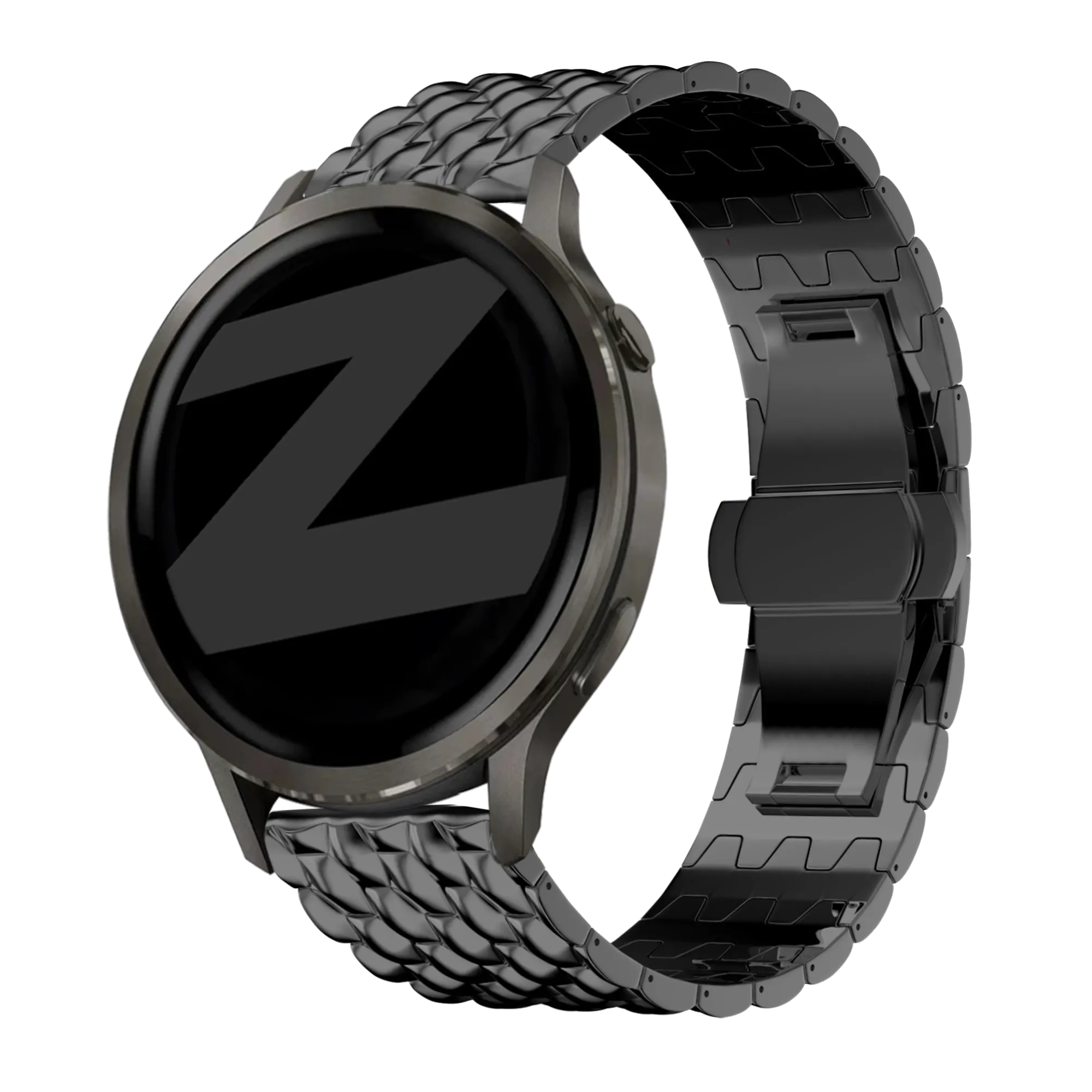 Steel Strap 'Dragon', black, on a watch, 3/4 front view
