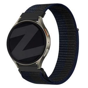 Nylon Strap 'Easy Fit', black/blue, on a watch, 3/4 front view