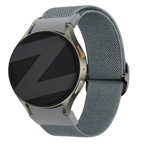 Nylon Elastic Strap 'Easy Fit', grey-blue, on a watch, 3/4 front view