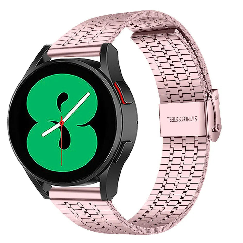 Fine Steel Strap, pink, on a watch, 3/4 front view