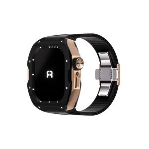 Silicone Case with Rubber Strap, black/rose gold, on a watch, 3/4 front view