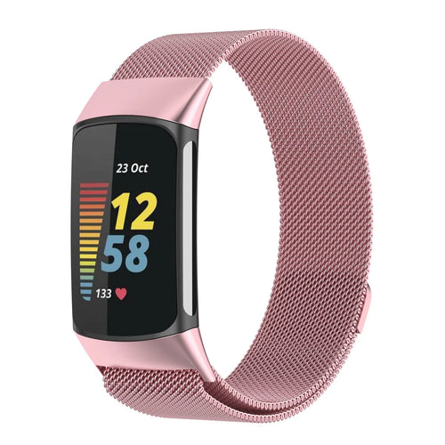 Milanese Strap, pink, on a watch, 3/4 front view