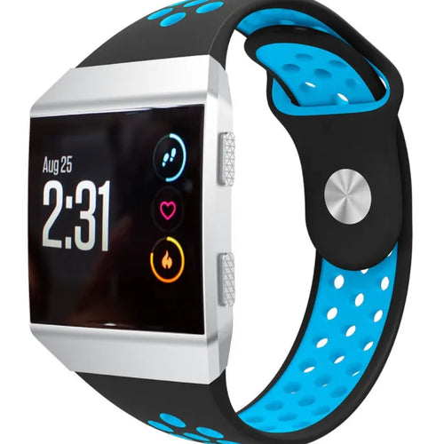 Silicone Sport Strap, black/blue, on a watch, 3/4 front view