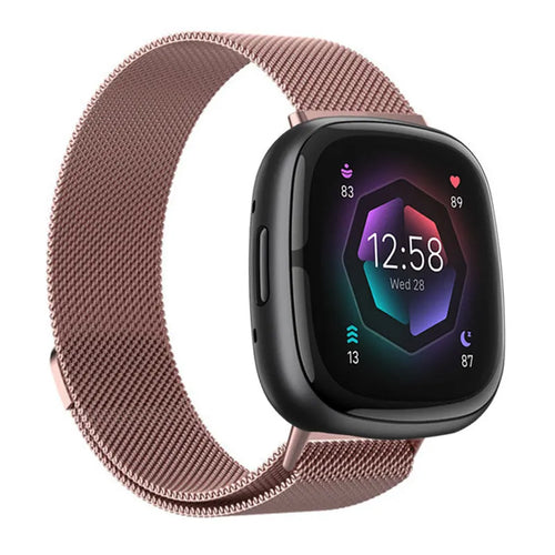 Milanese Strap, pink, on a watch, 3/4 front view