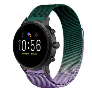 Milanese Strap, purple/green, on a watch, 3/4 front view