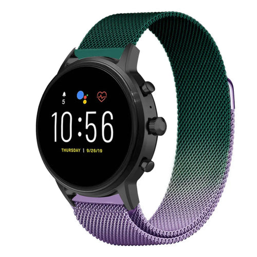 Milanese Strap, purple/green, on a watch, 3/4 front view