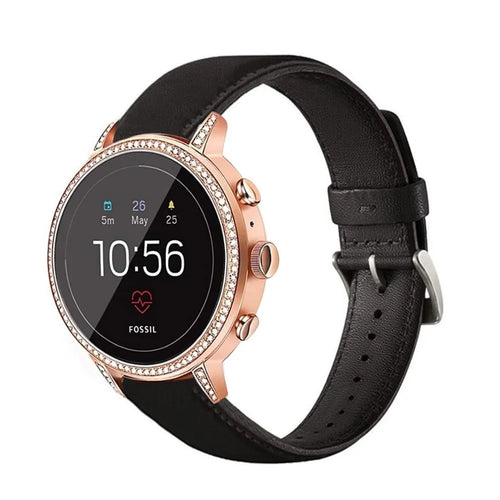 Leather Strap, black, on a watch, 3/4 front view