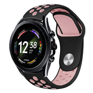 Silicone Sport Strap, black/pink, on a watch, 3/4 front view