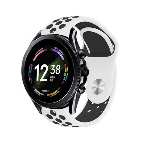 Silicone Sport Strap, white/black, on a watch, 3/4 front view