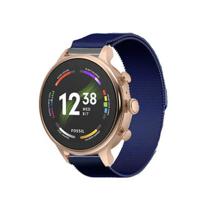 Milanese Strap, blue, on a watch, 3/4 front view