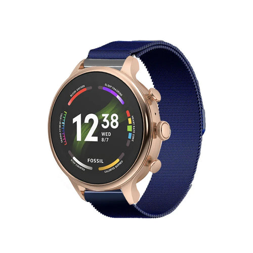 Milanese Strap, blue, on a watch, 3/4 front view