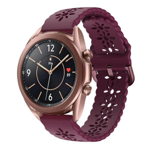 Patterned Silicone Strap, burgundy, on a watch, 3/4 front view