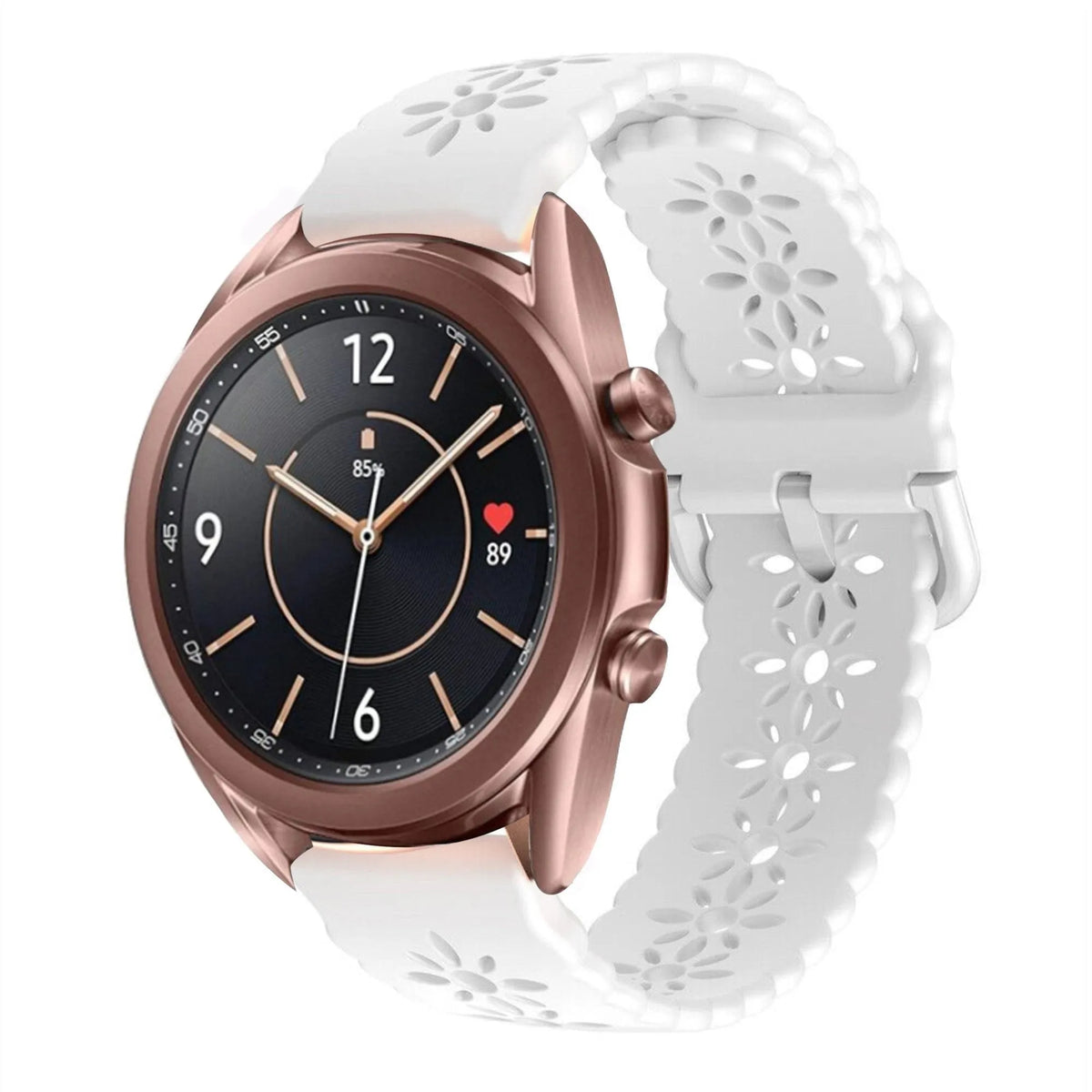 Patterned Silicone Strap, white, on a watch, 3/4 front view