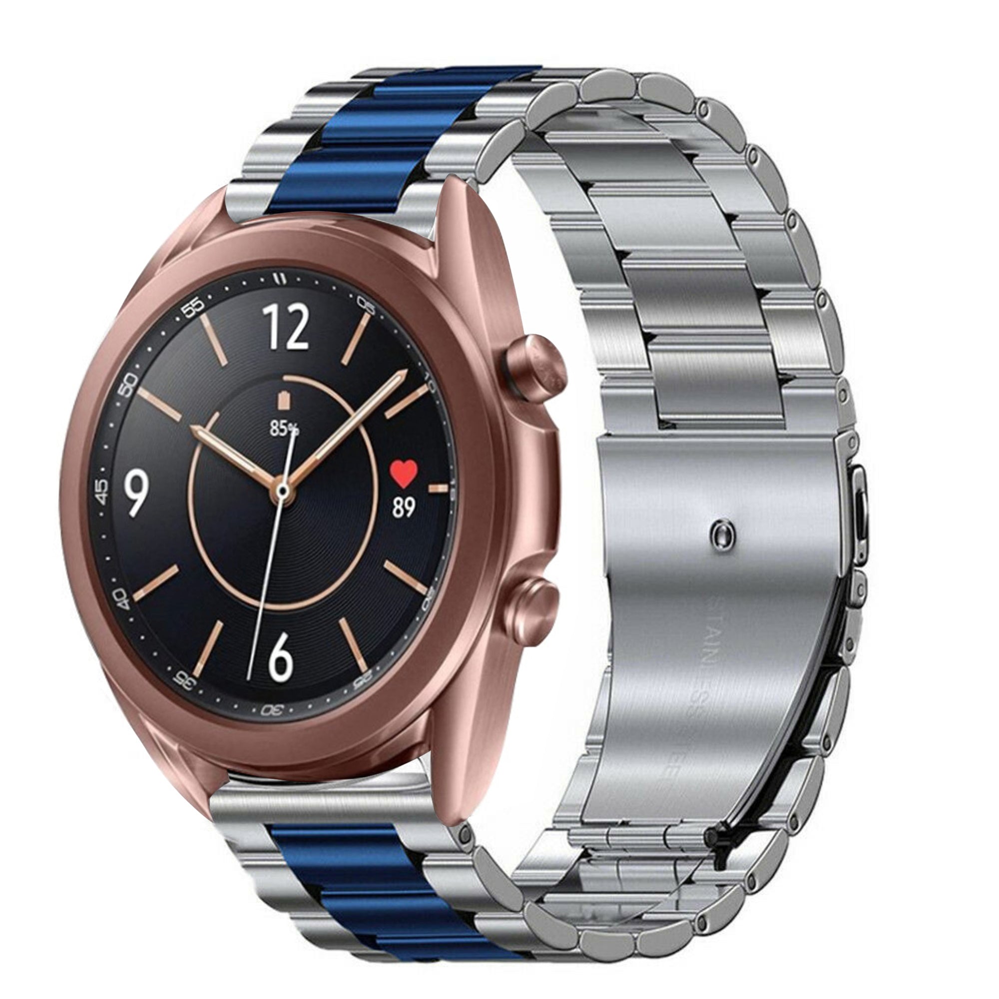 Steel Strap, silver/blue, on a watch, 3/4 front view
