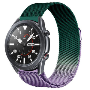 Milanese Strap, purple/green, on a watch, 3/4 front view