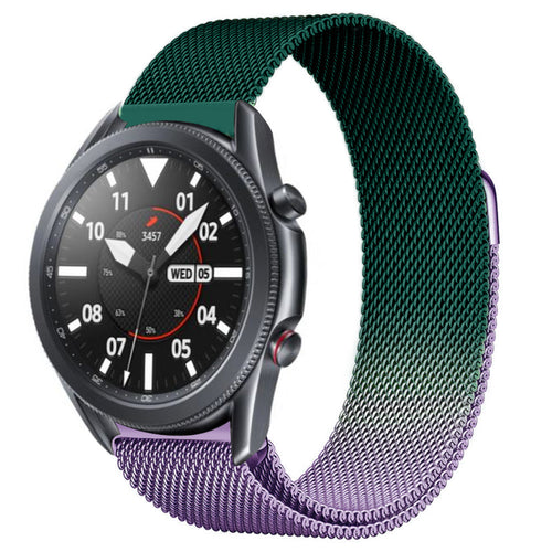 Milanese Strap, purple/green, on a watch, 3/4 front view