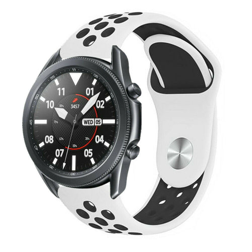 Silicone Sport Strap, white/black, on a watch, 3/4 front view