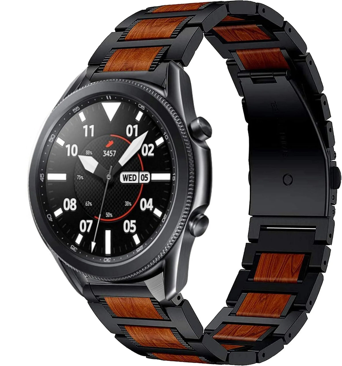Wood Steel Strap, black, on a watch, 3/4 front view