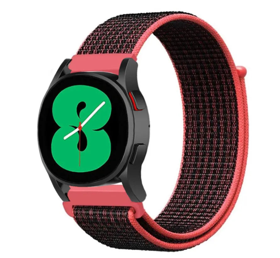 Nylon Strap, black/coral, on a watch, 3/4 front view