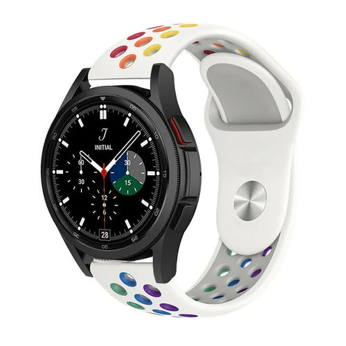 Silicone Sport Strap, white/colourful, on a watch, 3/4 front view