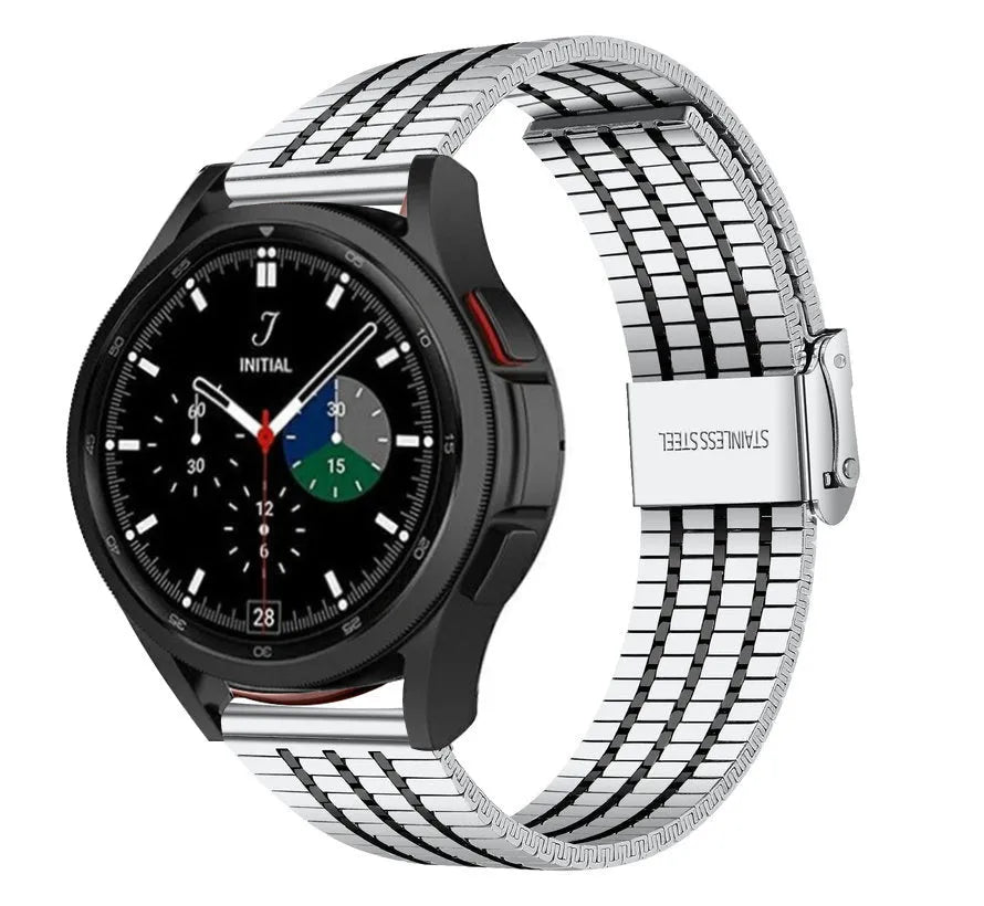 Fine Steel Strap, silver/black, on a watch, 3/4 front view