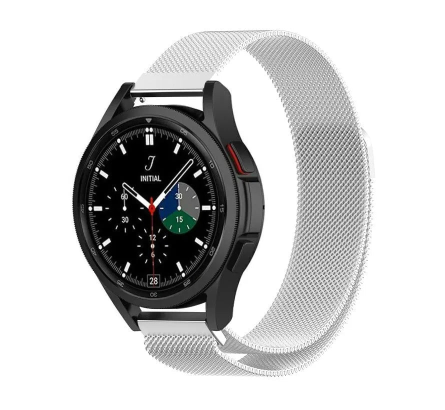 Milanese Strap, silver, on a watch, 3/4 front view