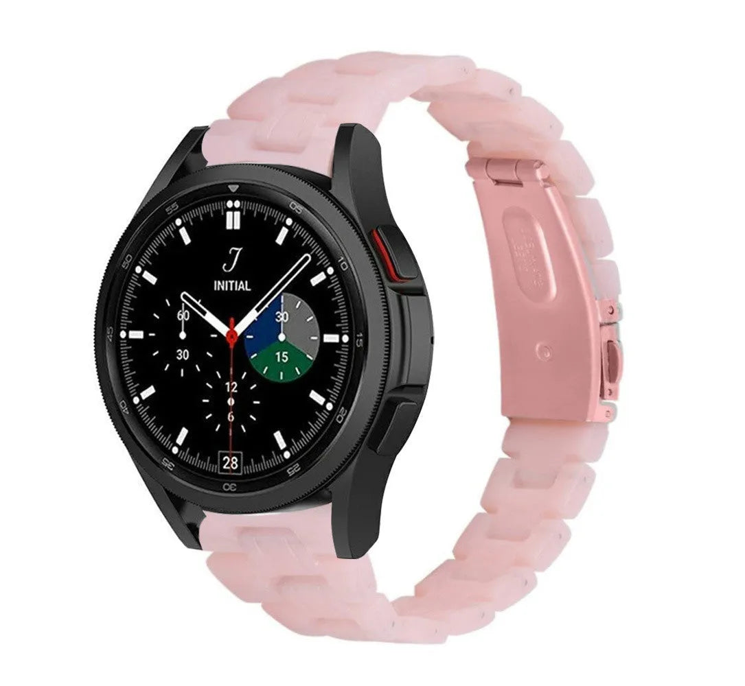Metal Resin Strap, pink, on a watch, 3/4 front view