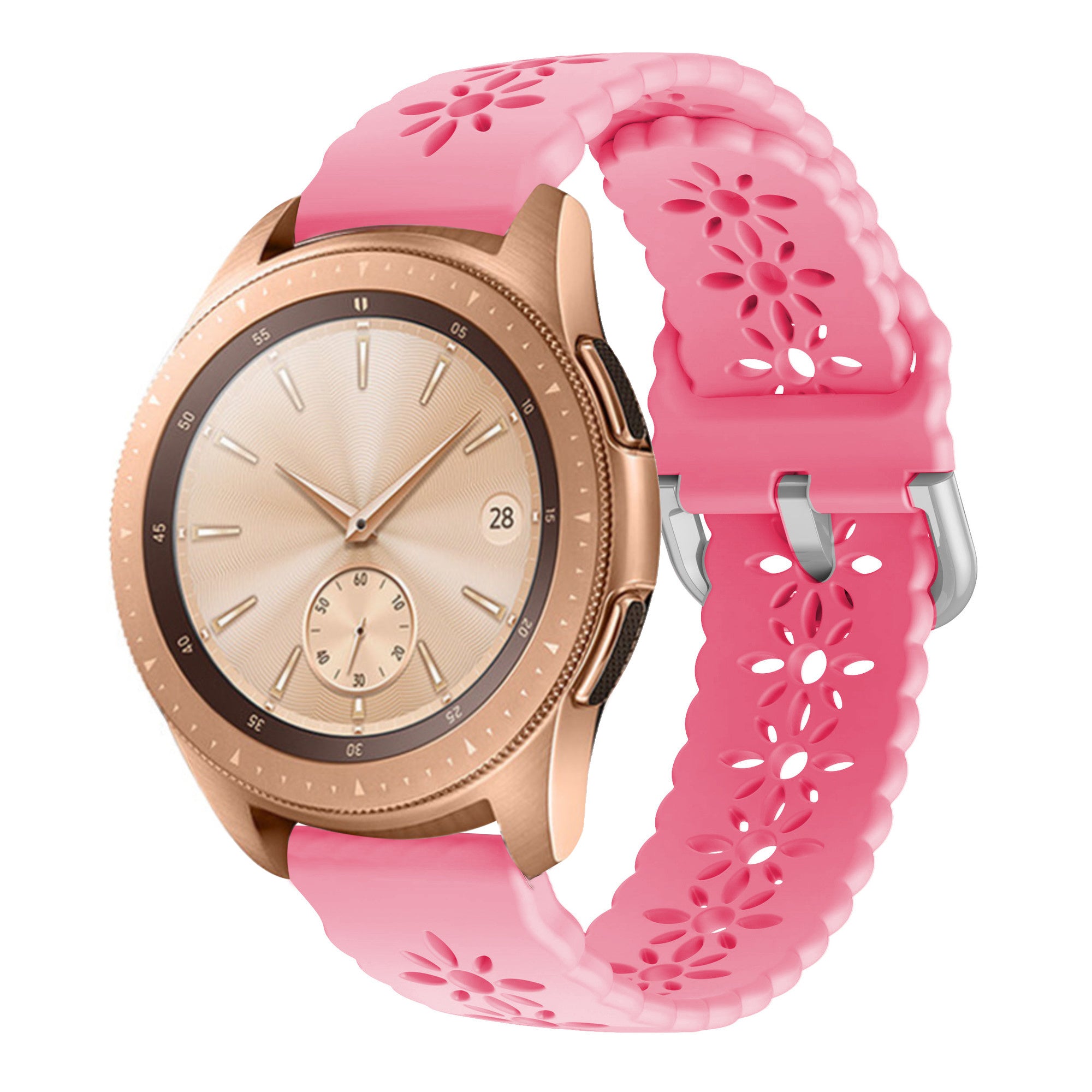 Patterned Silicone Strap, bright pink, on a watch, 3/4 front view